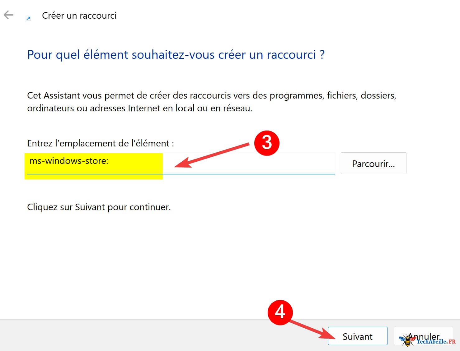 Saisie de la commande pour lancer le Microsoft Store lors de la création du raccourci