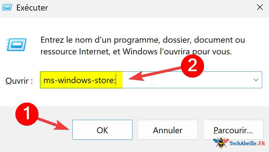 Saisie de la commande pour ouvrir le Microsoft Store dans la fenêtre Exécuter