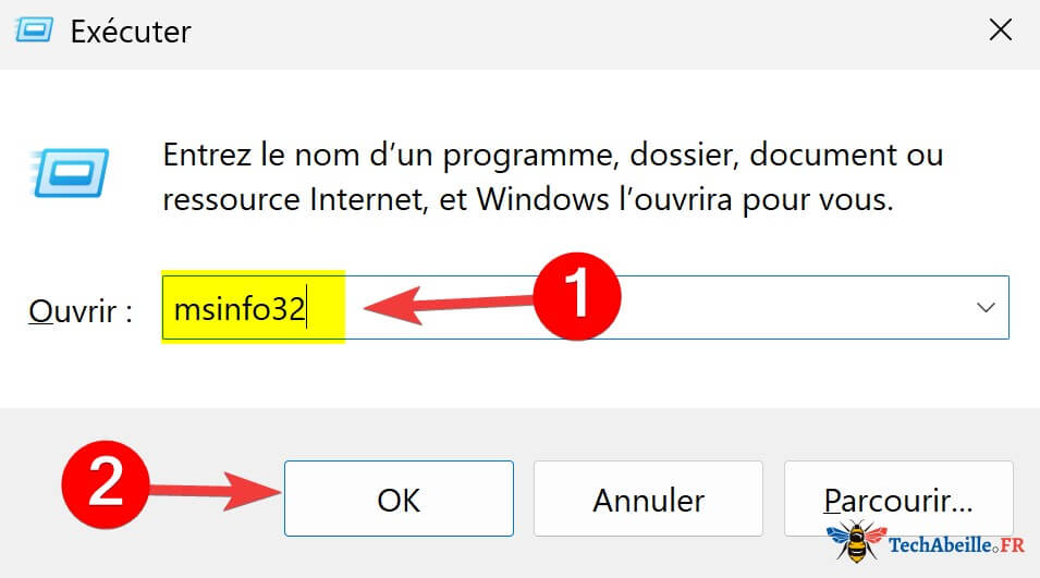 Saisie de msinfo32 dans la fenêtre Exécuter