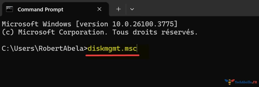 Saisie diskmgmt.msc dans Invite de commandes