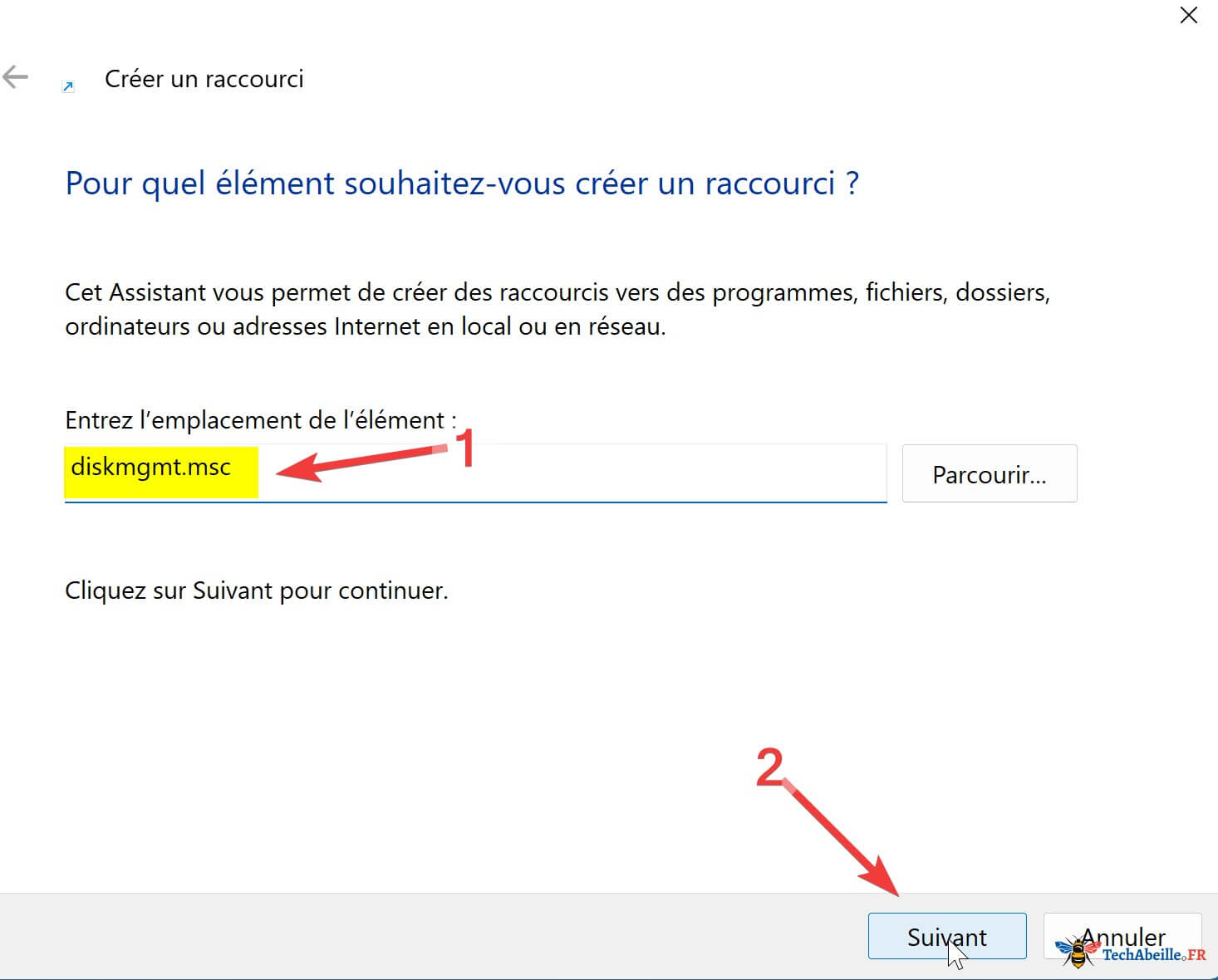 Saisie diskmgmt.msc dans Nouveau raccourci