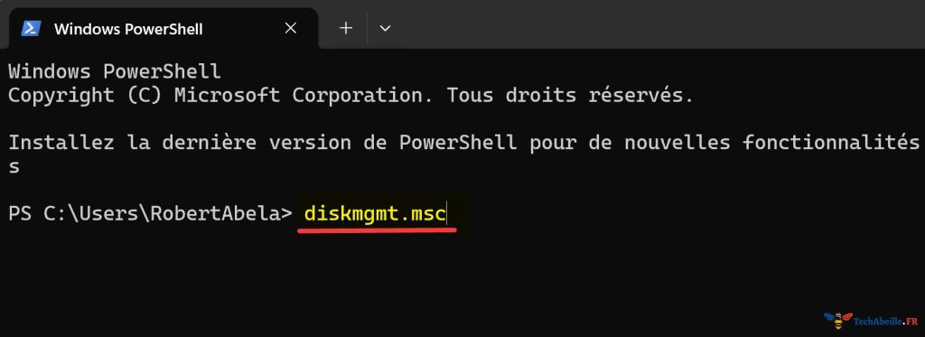 Saisie diskmgmt.msc dans PowerShell