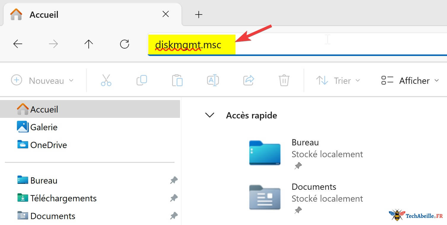 Saisie diskmgmt.msc dans barre adresse Explorateur fichiers