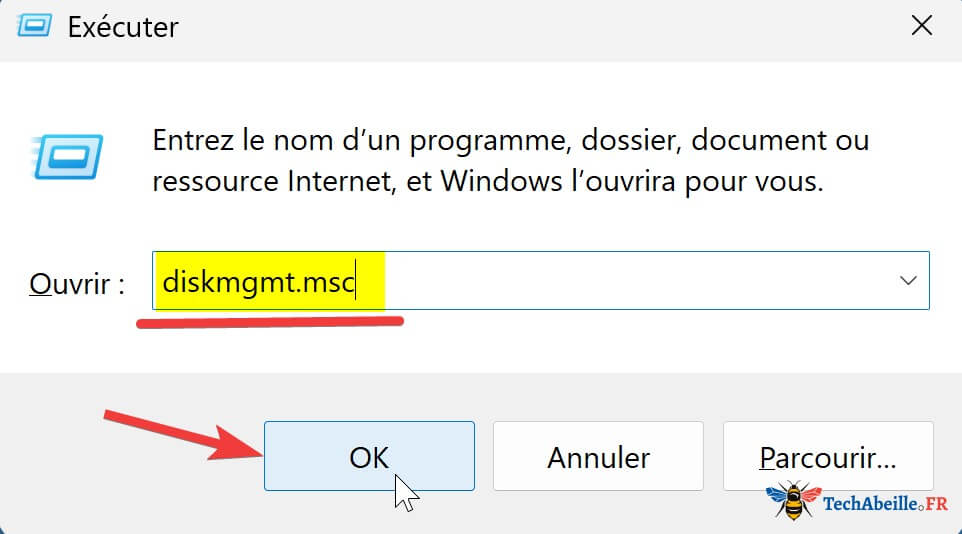 Saisie diskmgmt.msc dans fenêtre Exécuter
