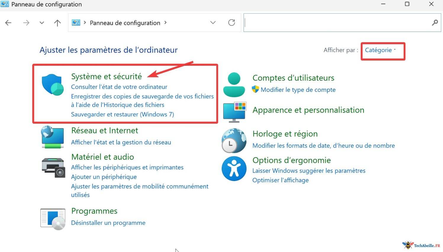 Sélection Système et sécurité Panneau de configuration