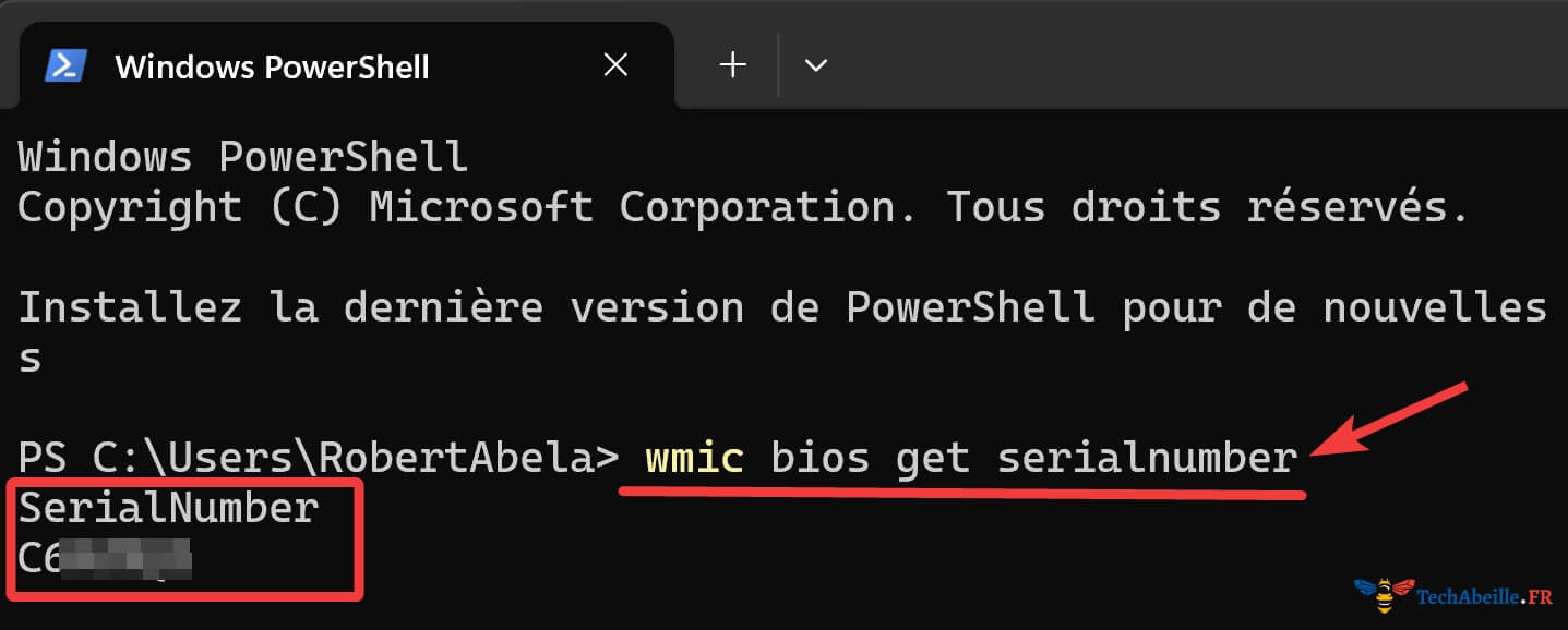 Commande pour afficher le numéro de série du PC portable dans PowerShell