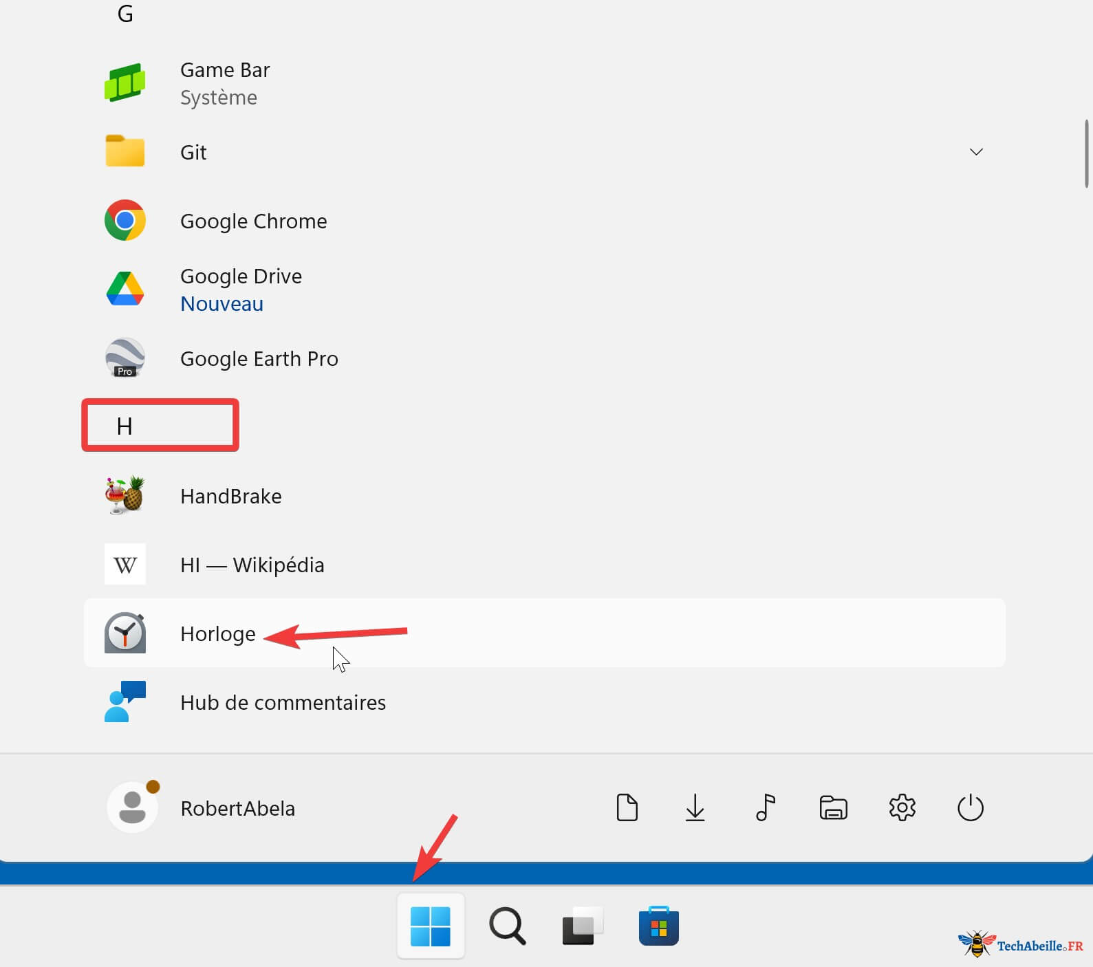 Localisation de lHorloge dans la liste complète des applications du menu Démarrer