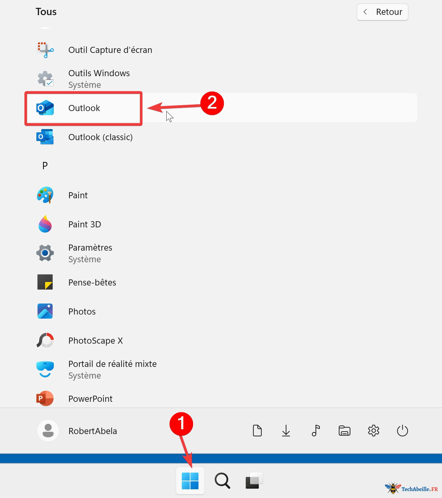 Ouvrir Outlook depuis le menu Demarrer