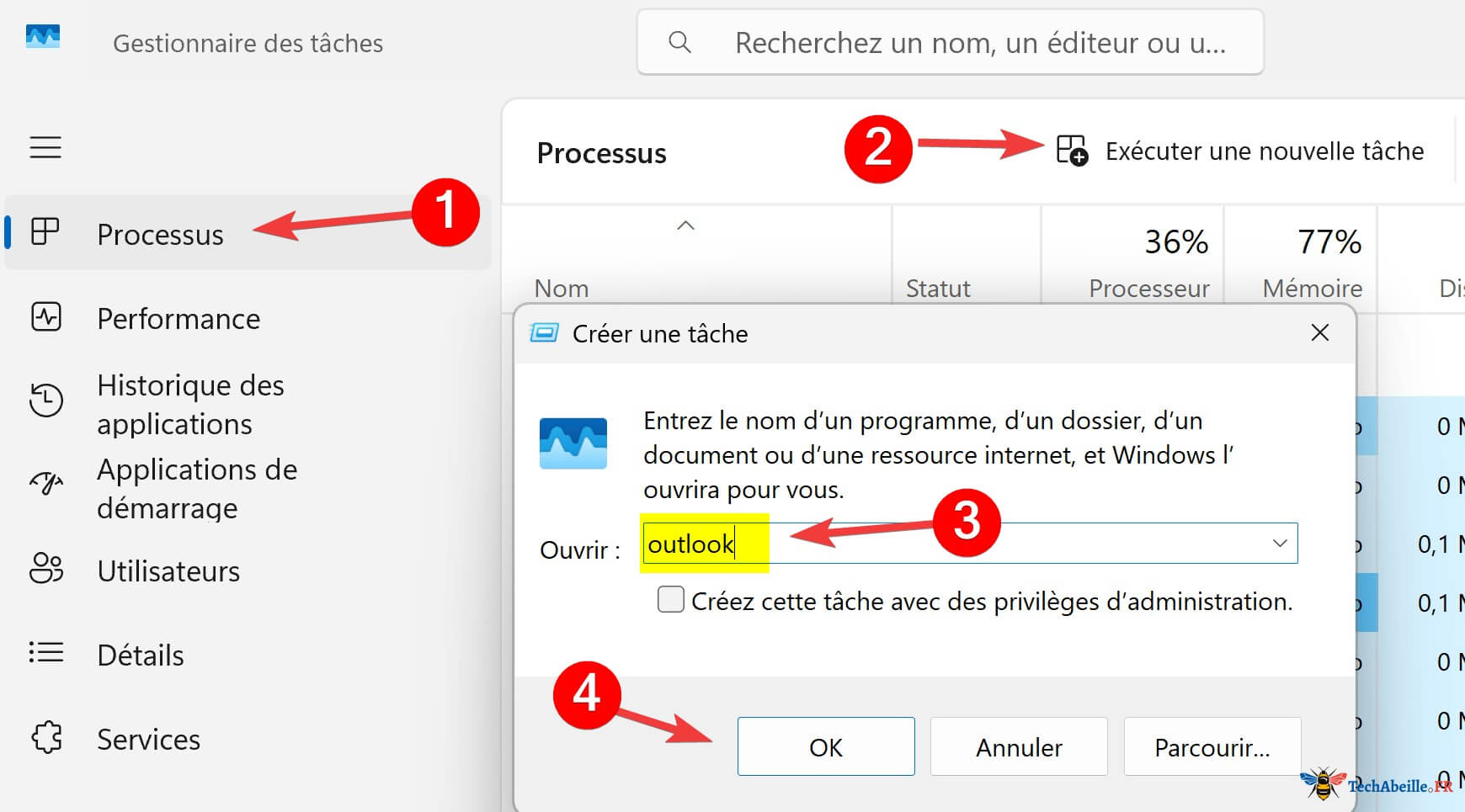 Ouvrir Outlook via le Gestionnaire des taches