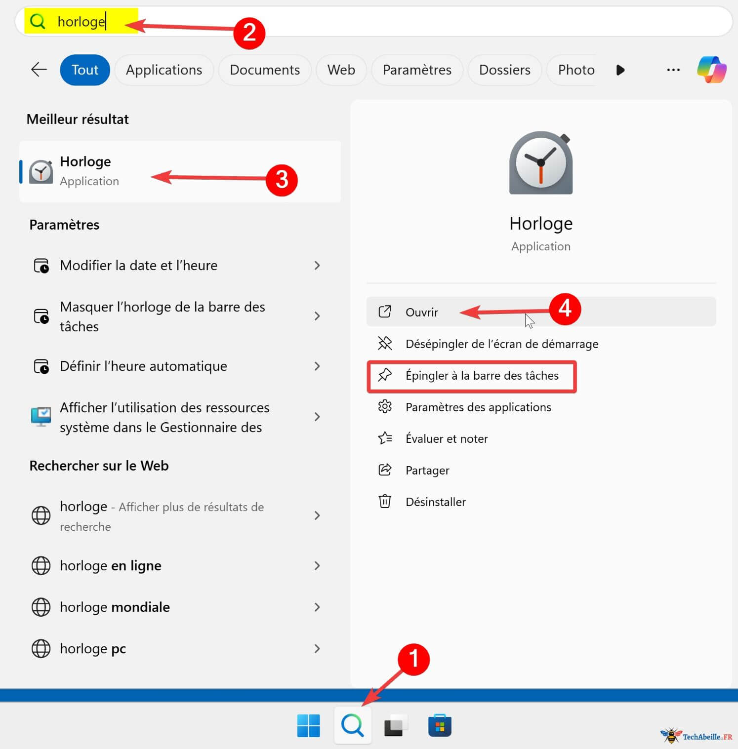 Recherche de Horloge dans la barre de recherche de Windows 11