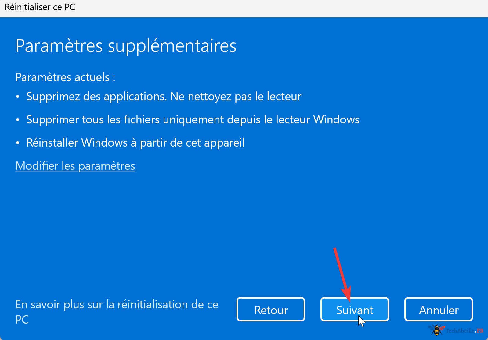 Réinitialisation PC Confirmer Bouton Suivant Début Réinitialisation