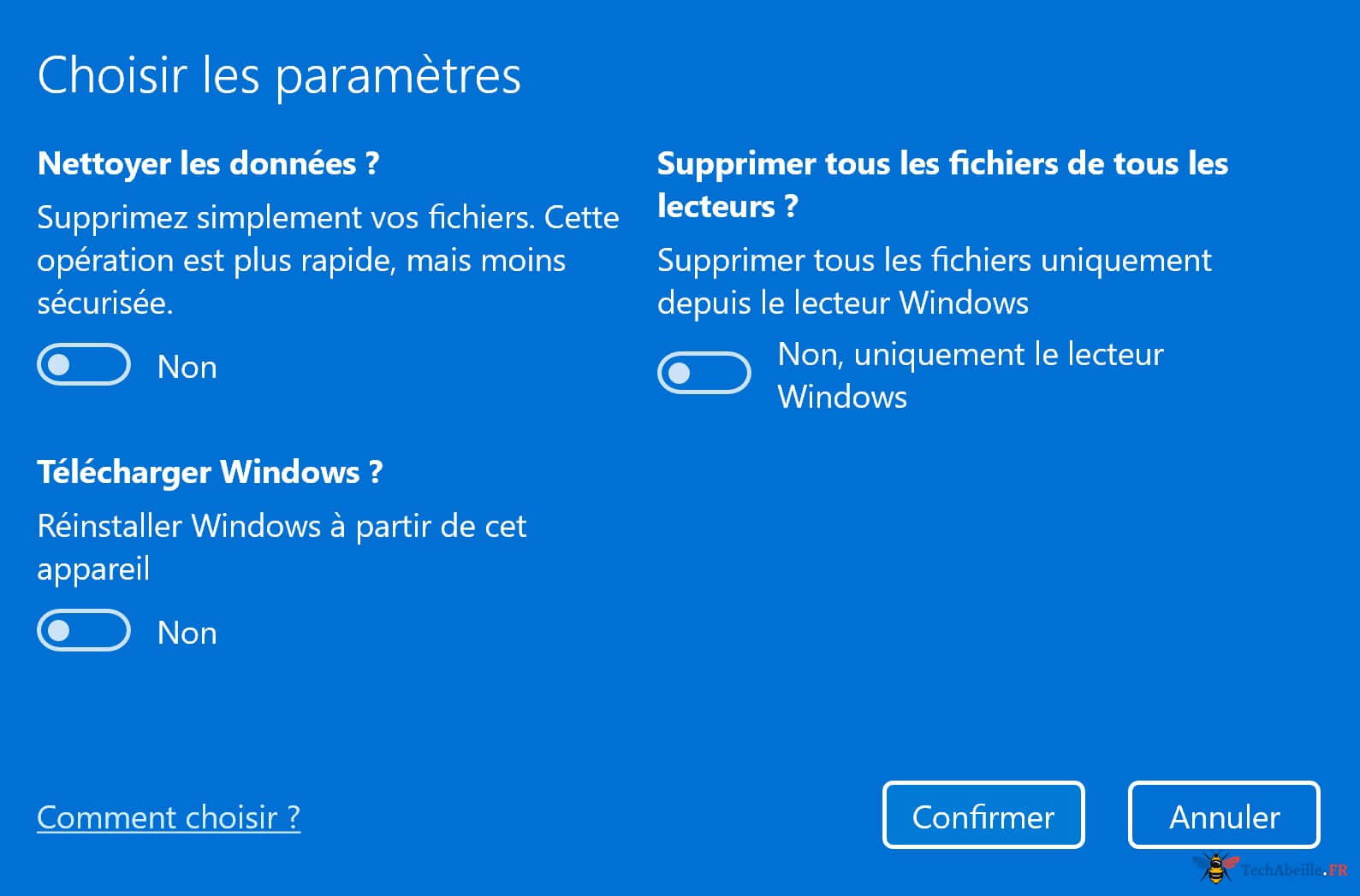 Réinitialisation PC Modifier Paramètres Nettoyage Données Tous Disques