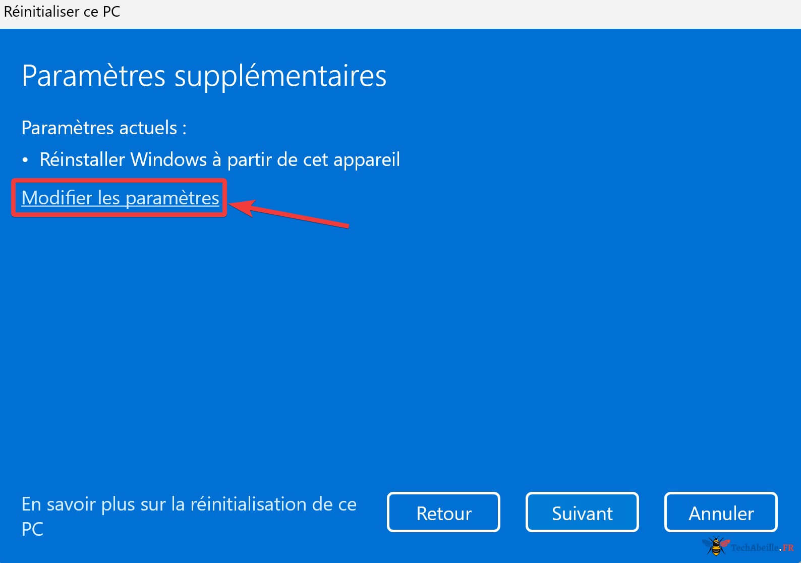 Réinitialisation PC Modifier Paramètres
