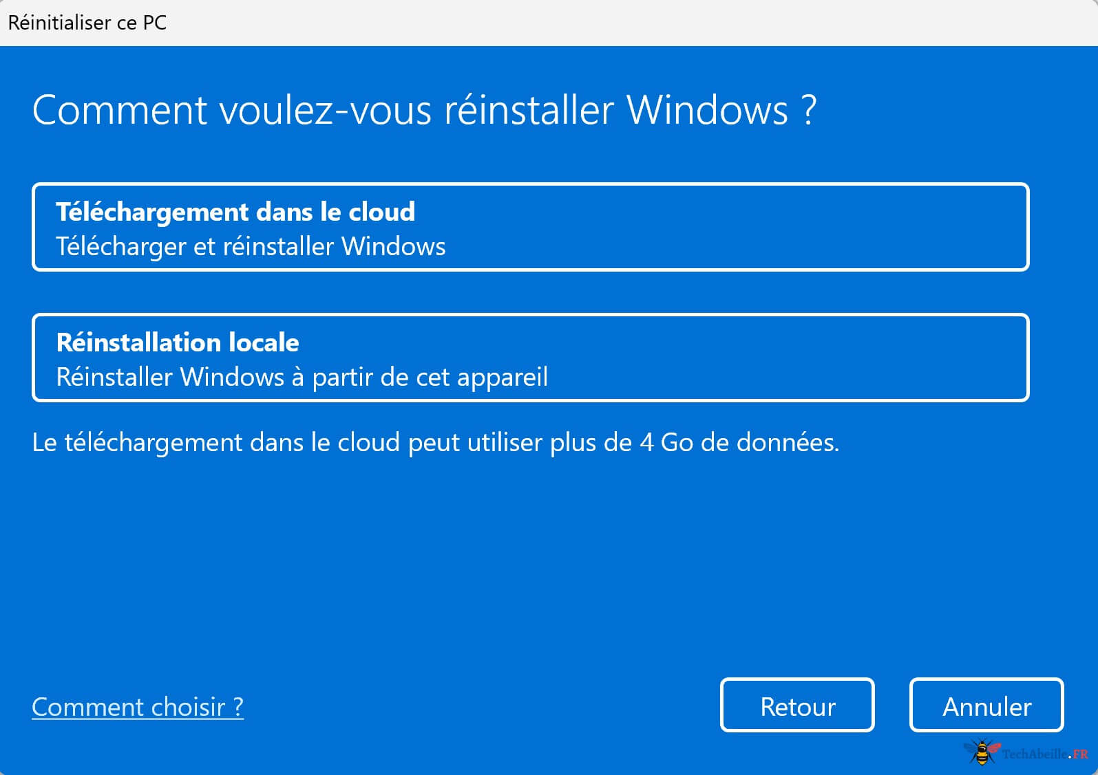 Réinitialisation PC Sélectionner Méthode Installation