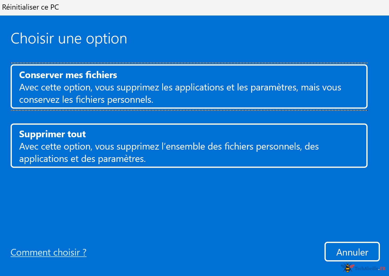 Réinitialisation PC Sélectionner Option Réinitialisation
