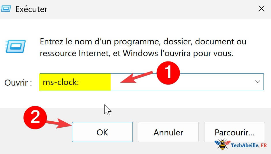 Saisie de la commande pour lancer lHorloge dans la barre des tâches