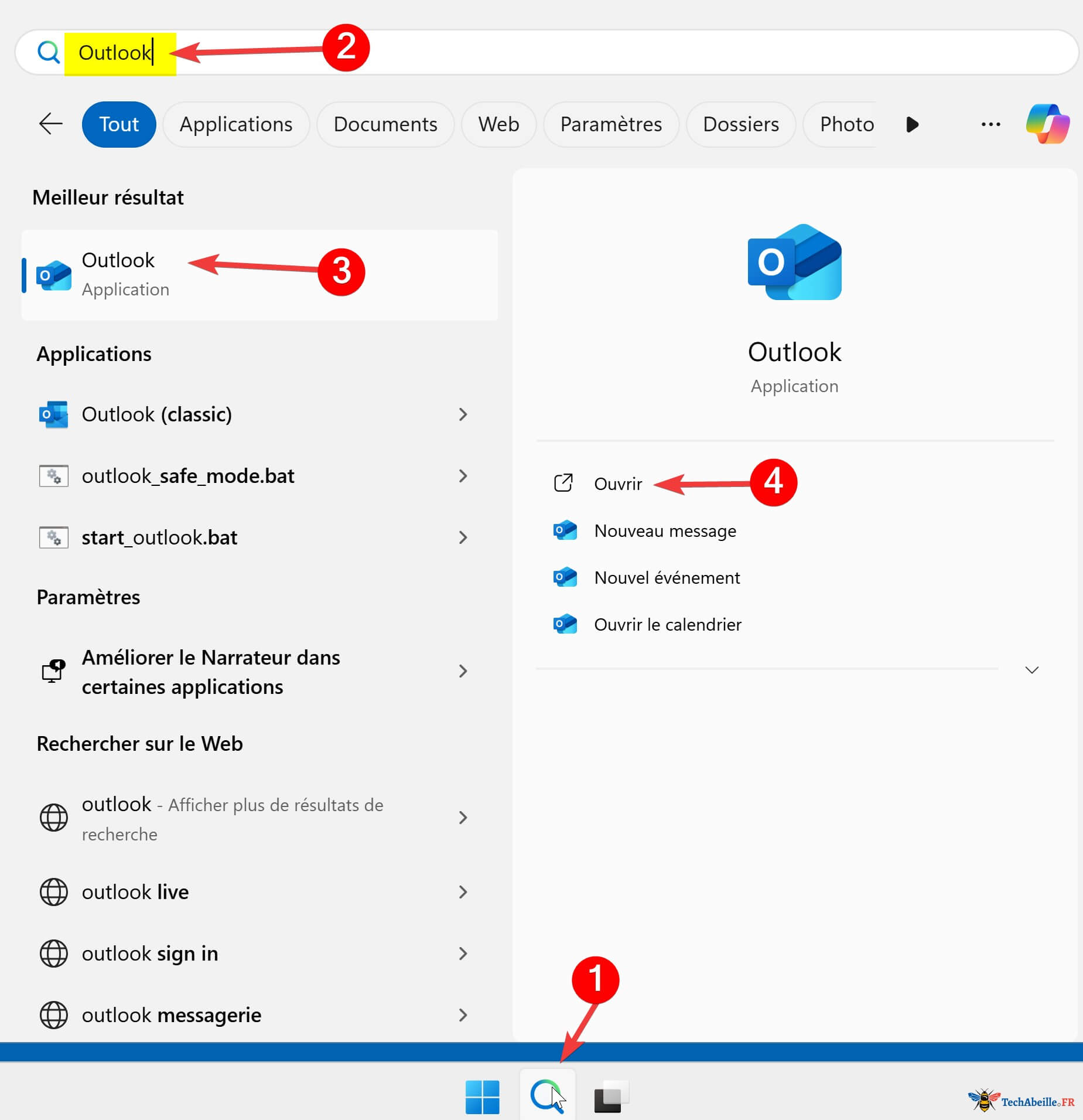 Windows11 Rechercher et ouvrir Outlook