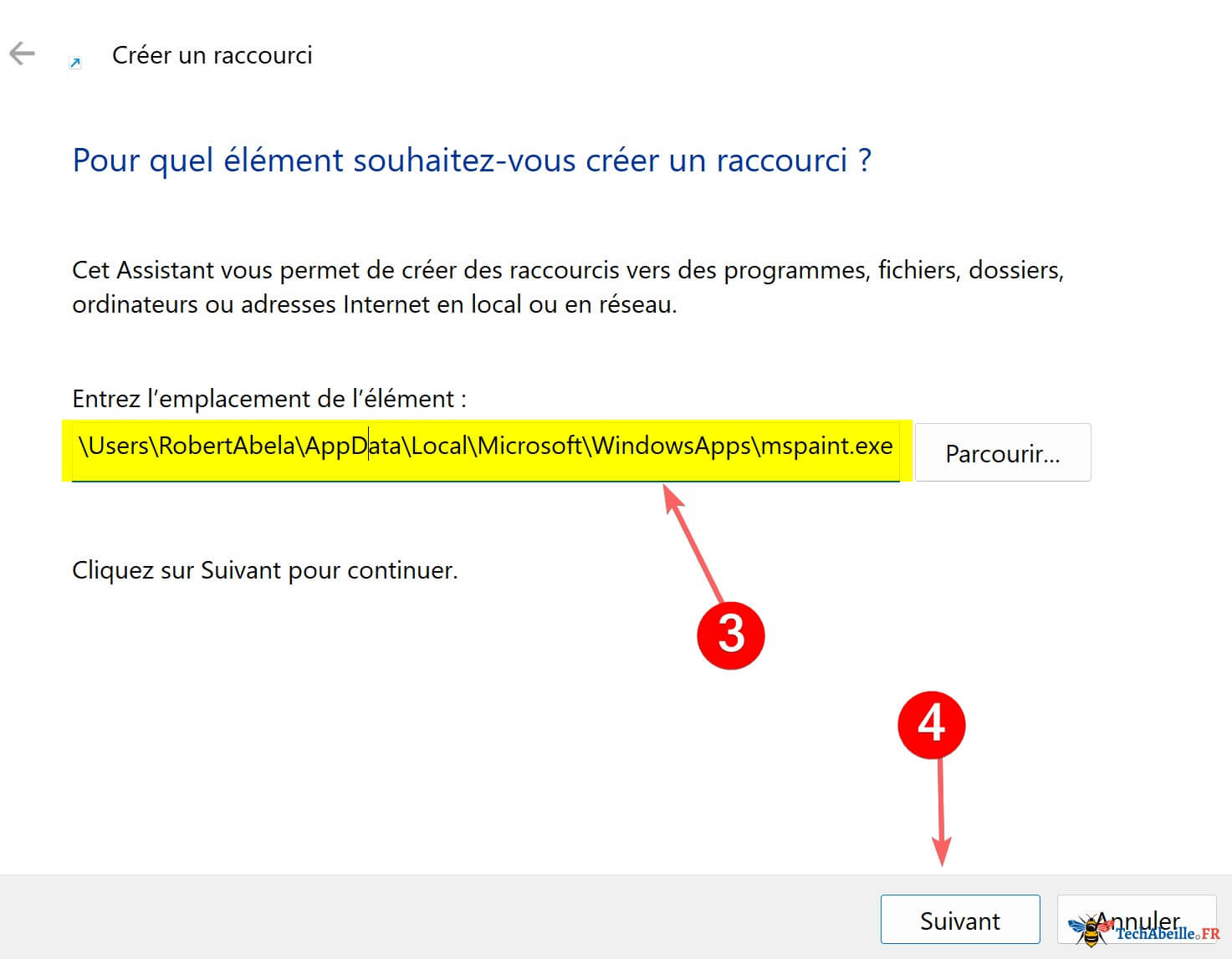 Creer raccourci Paint specifier chemin ou commande