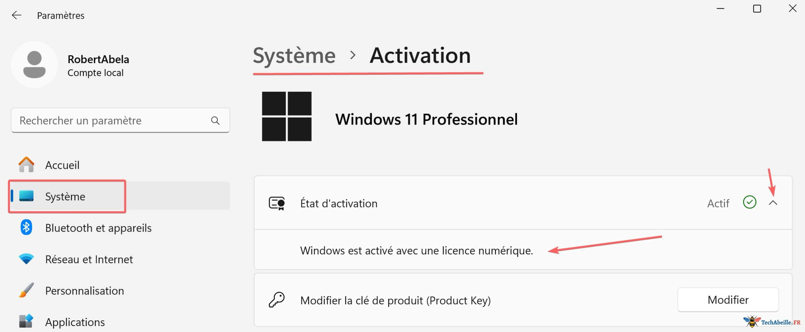 Les paramètres permettent de voir le mode d'activation du système cette capture montre une activation par licence numérique