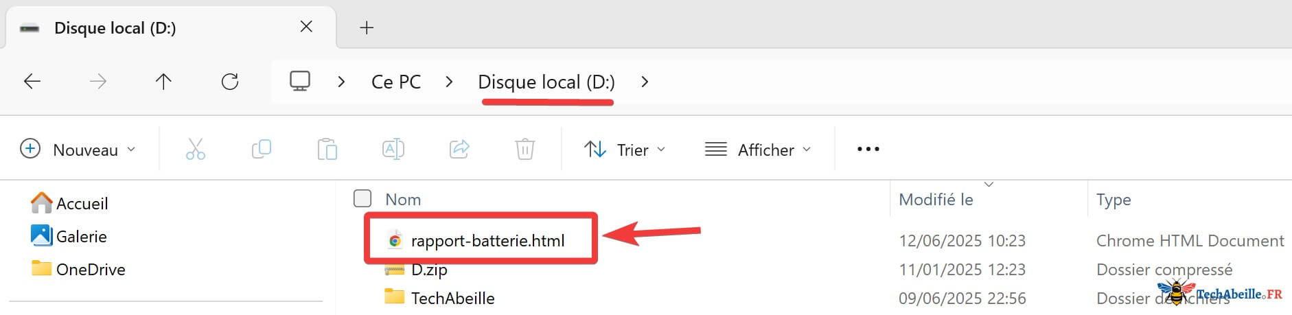 Localiser le fichier rapport batterie généré