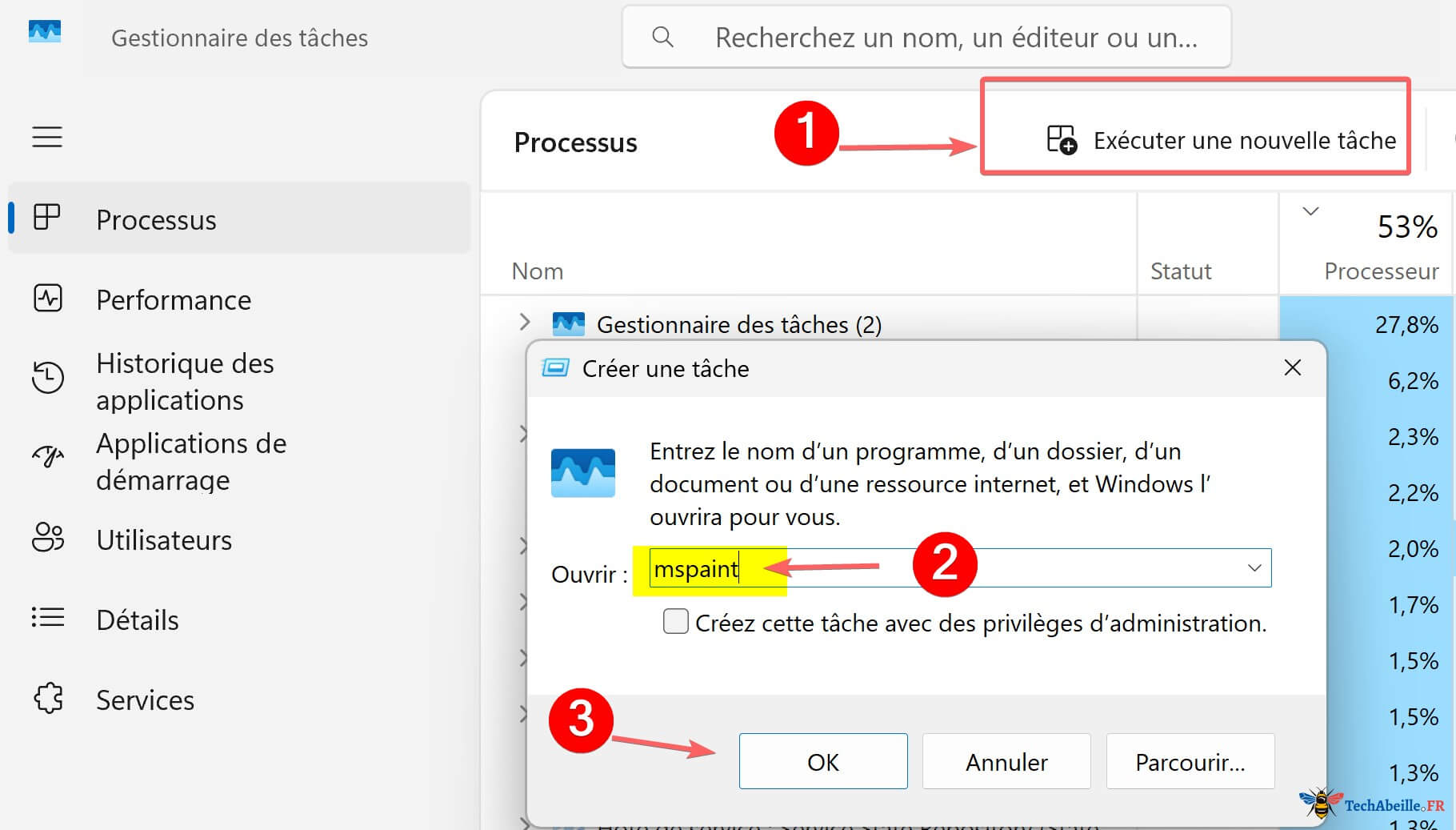 Ouvrir Paint avec gestionnaire des taches