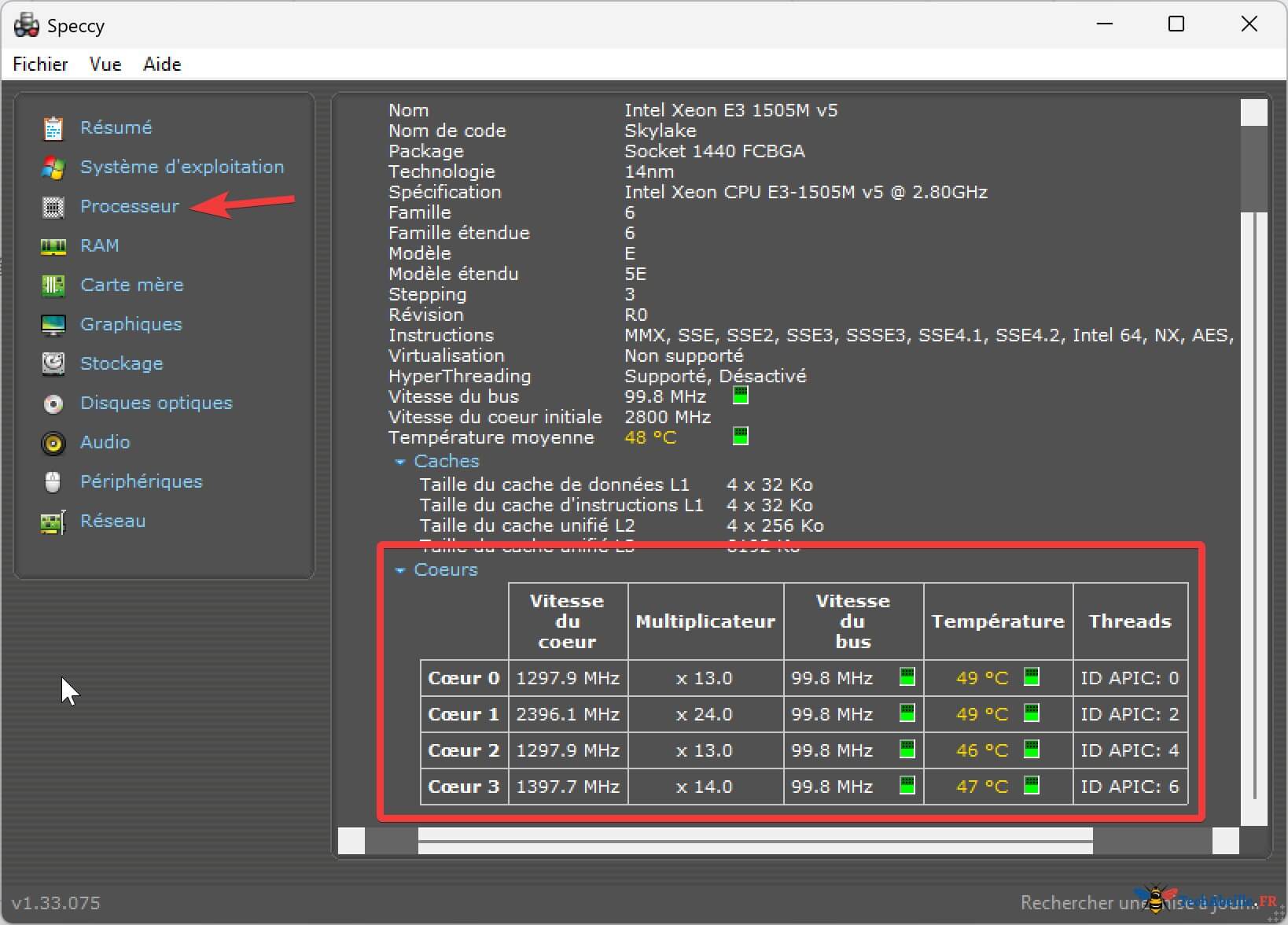 Speccy consulter la température de chaque cœur CPU