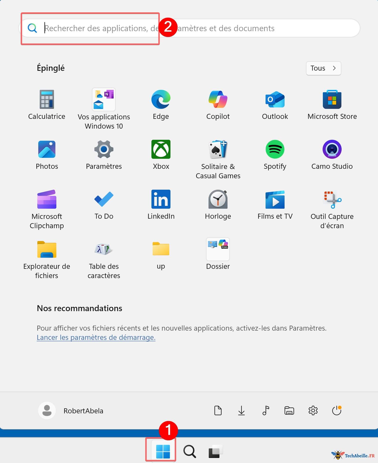 Utiliser recherche dans menu demarrer Windows11