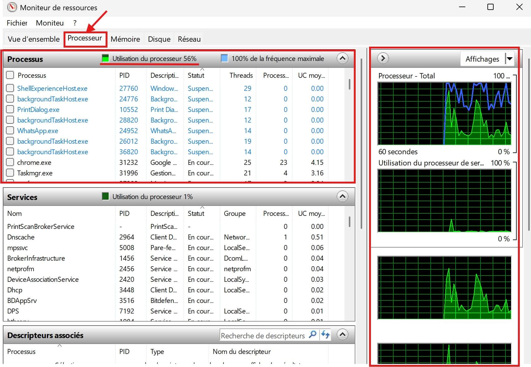 Voir utilisation CPU dans Moniteur de ressources