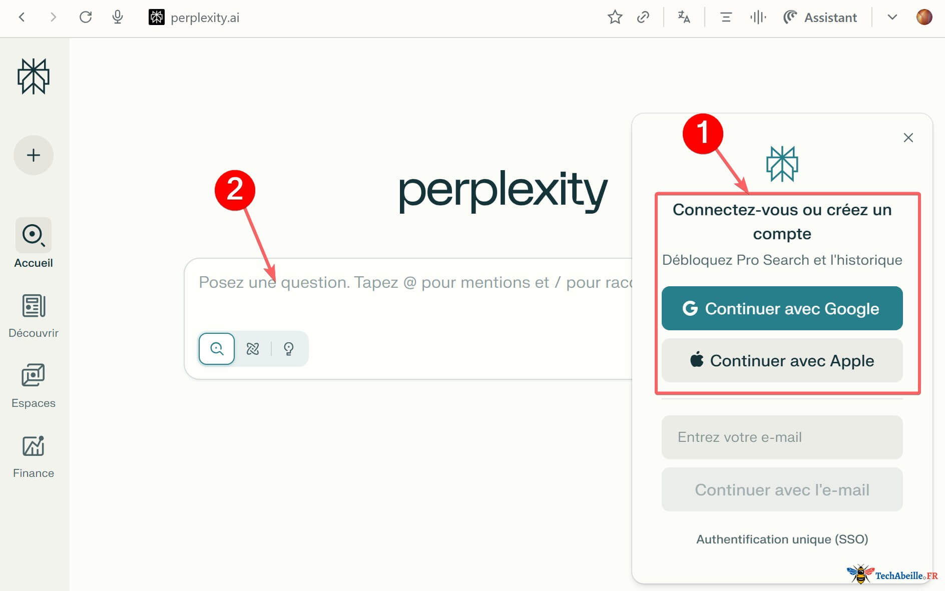 Connexion ou inscription à Perplexity puis première conversation avec Perplexity