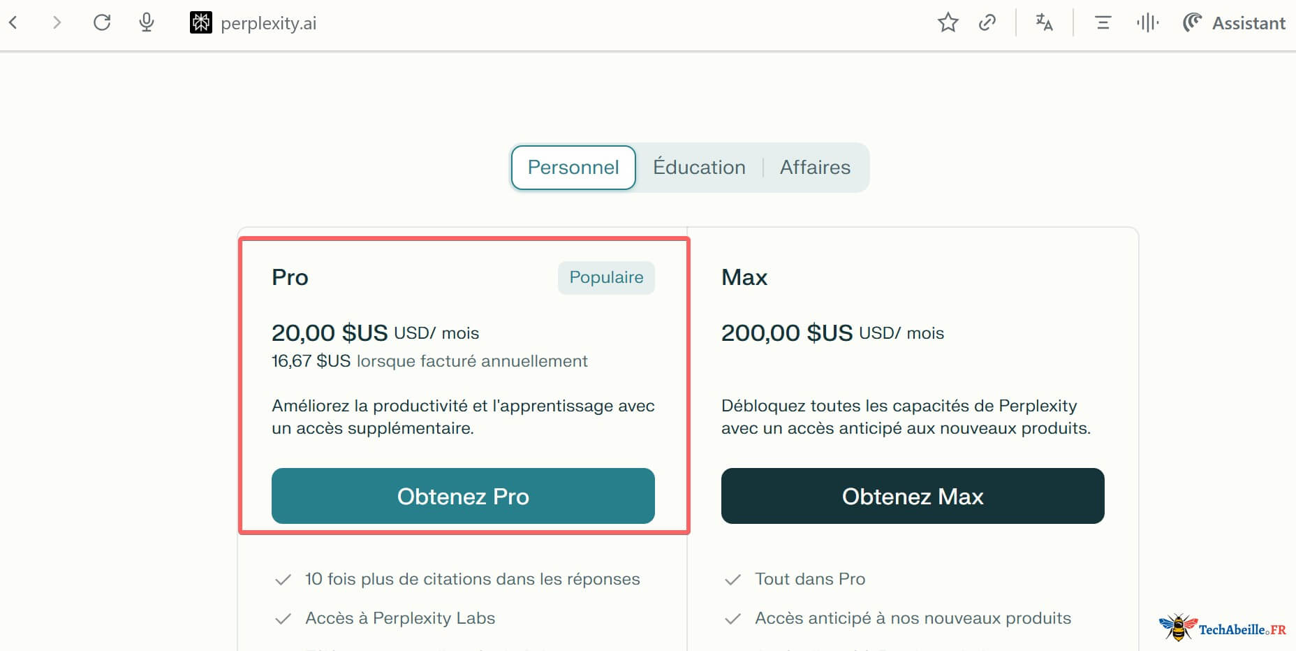 Tarif officiel de Perplexity Pro 20 USD