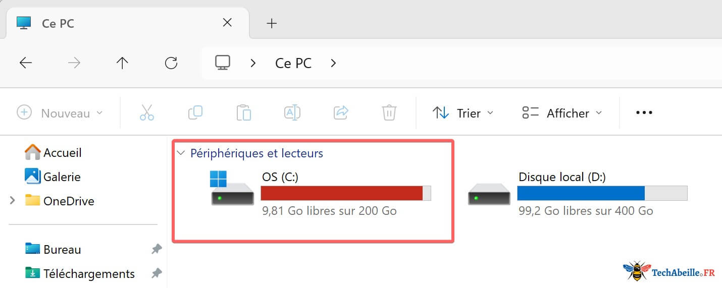 Barre de progression de l'espace restant du disque C en rouge