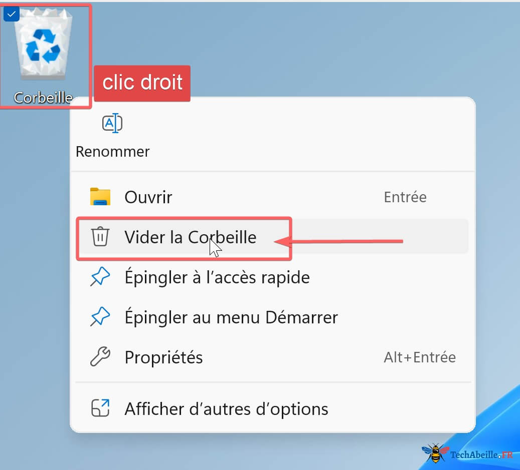 Clic droit sur la Corbeille du bureau pour la vider