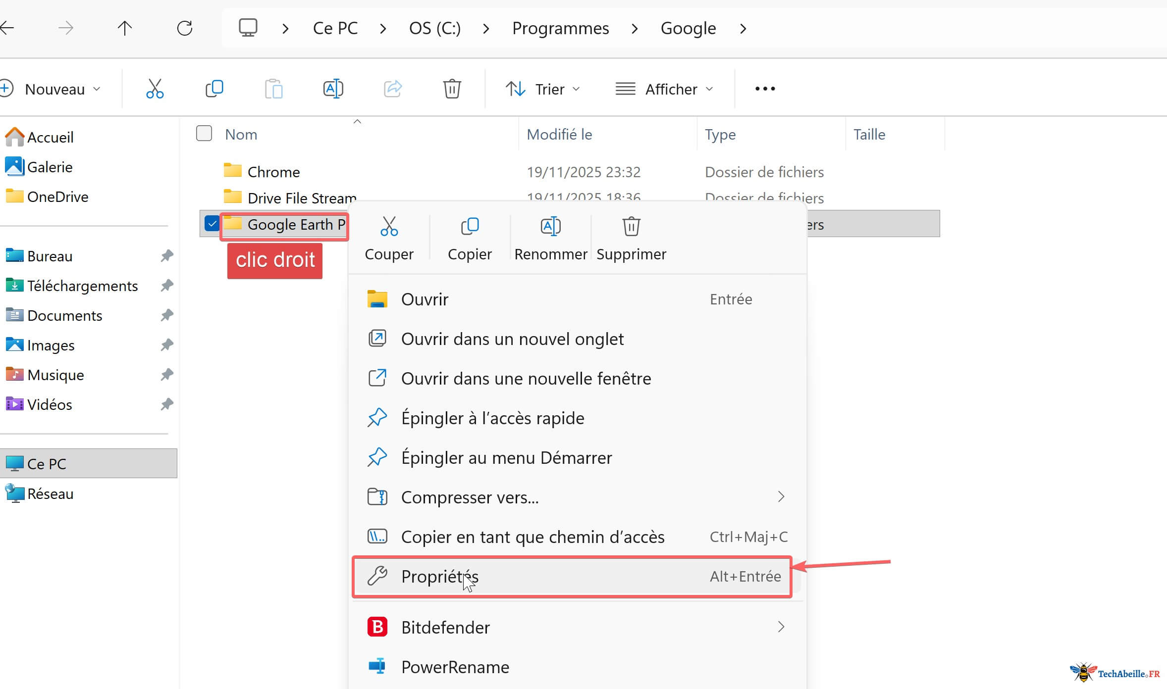 Clic droit sur l'application, sélectionner Propriétés