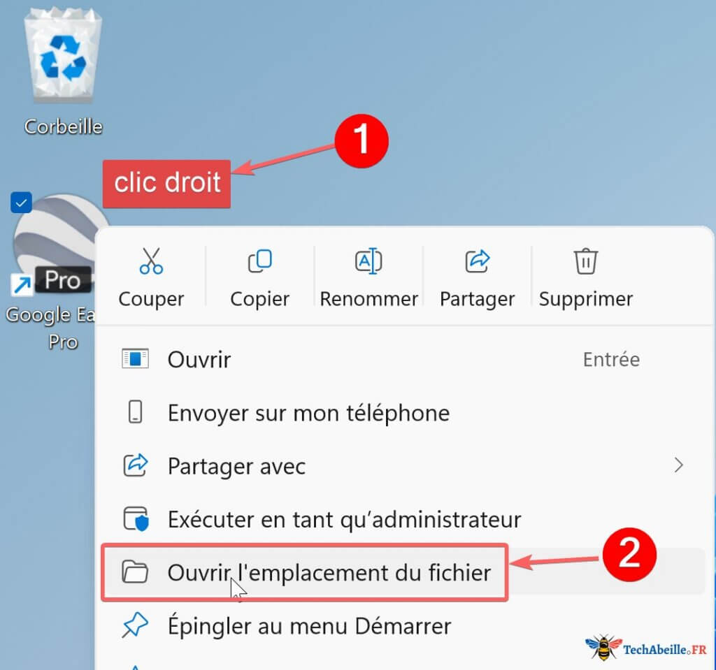 Clic droit sur l'icône du logiciel, sélectionner Ouvrir l'emplacement du fichier