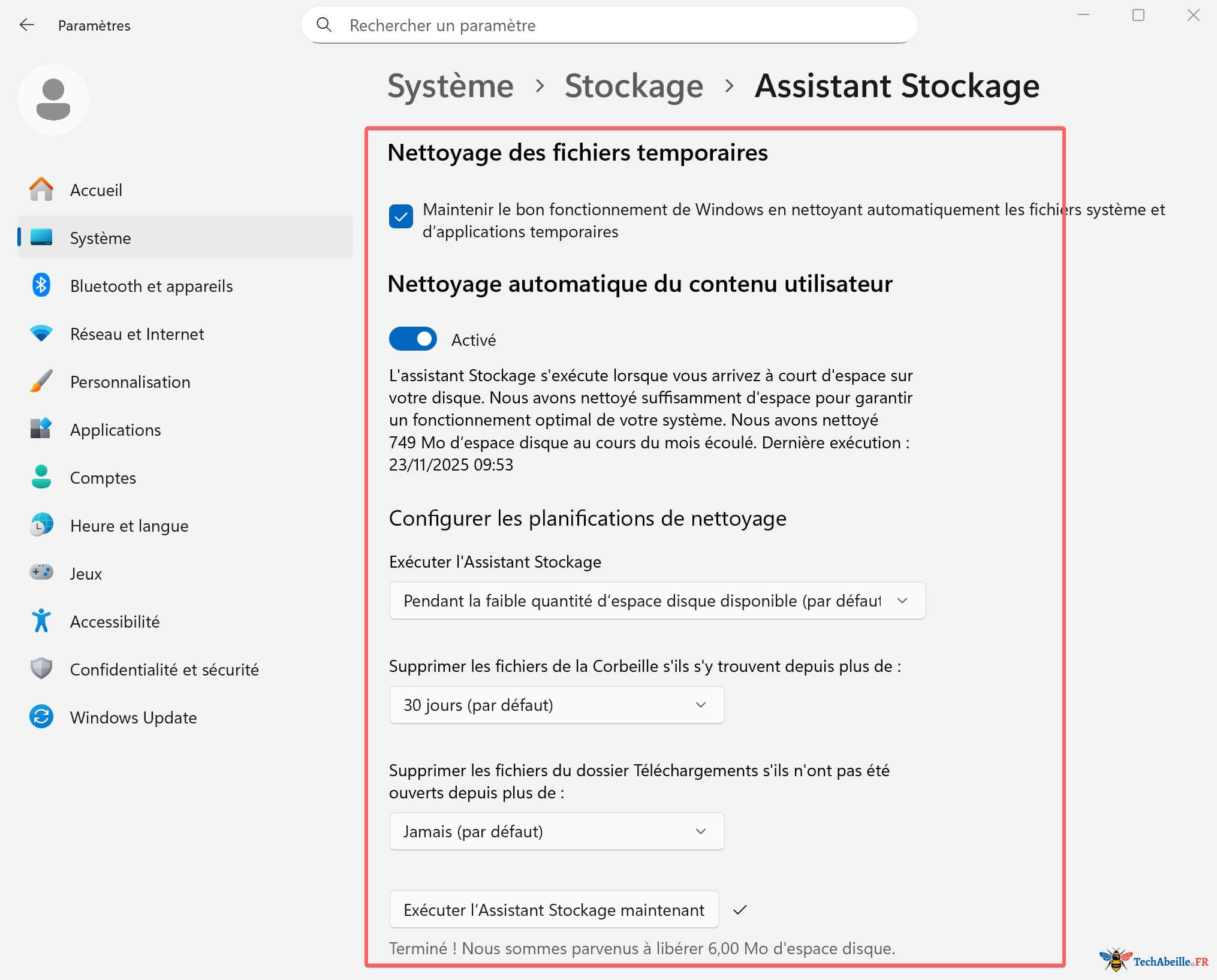Détails des options de l'Assistant Stockage