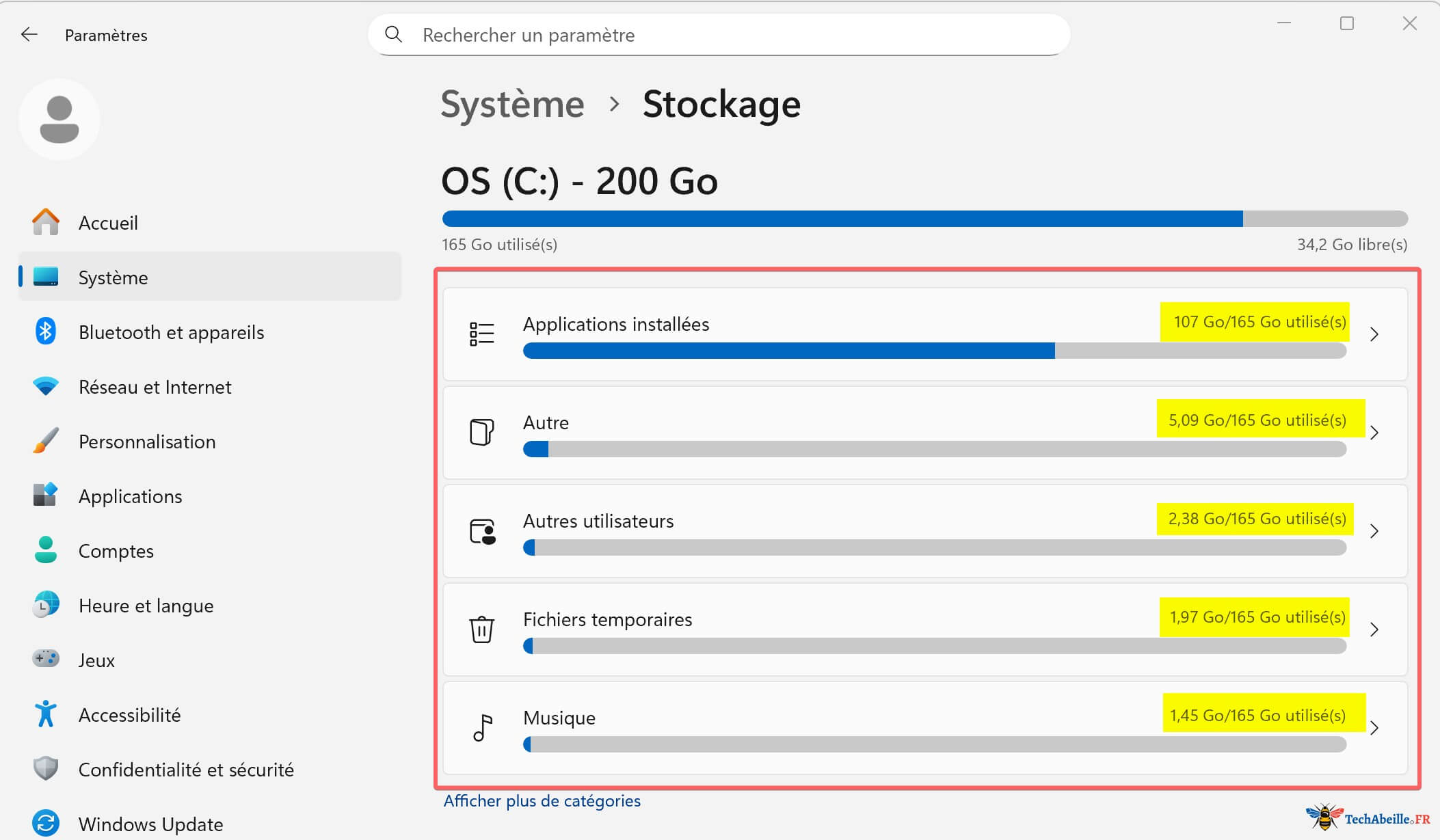 Différents éléments occupant l'espace dans Stockage Windows 11