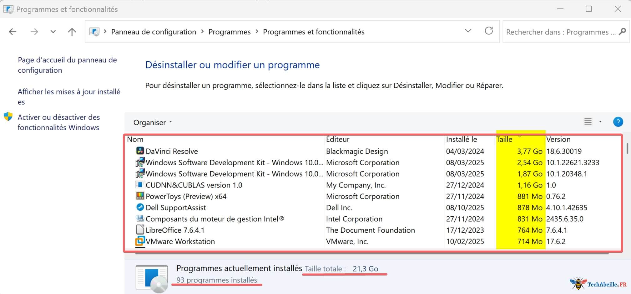 Informations de tous les programmes installés dans le Panneau de configuration