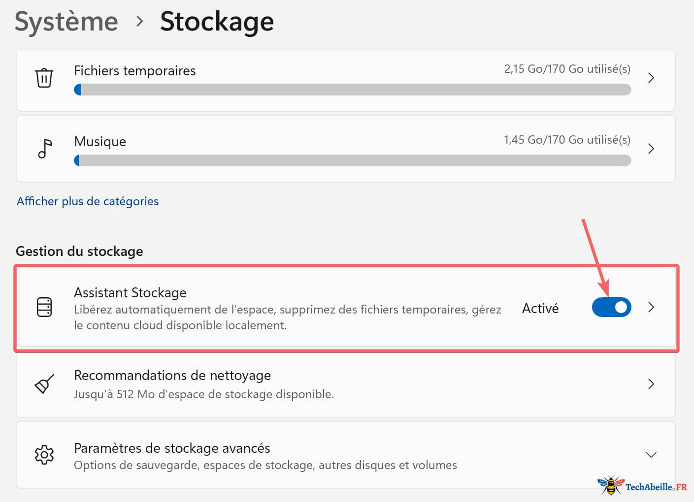 L'Assistant Stockage est activé par défaut