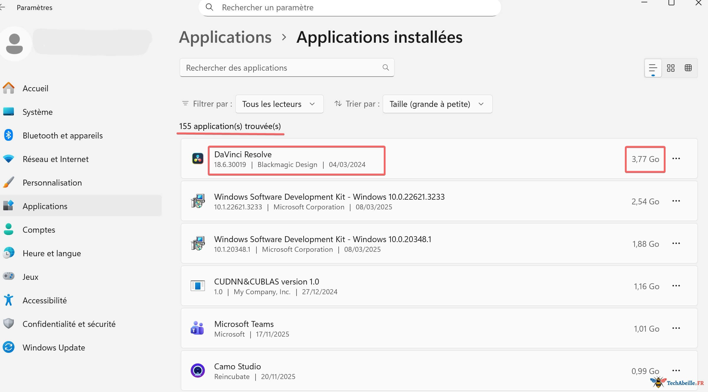 Liste des applications installées, voir le nom, la version et la taille des applications
