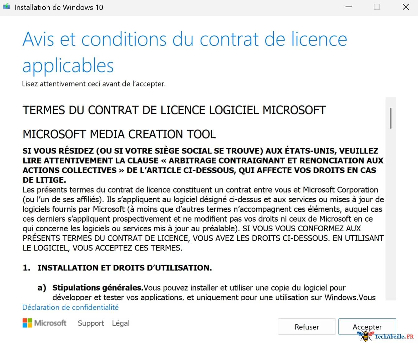 Interface de démarrage du Media Creation Tool pour Windows 10