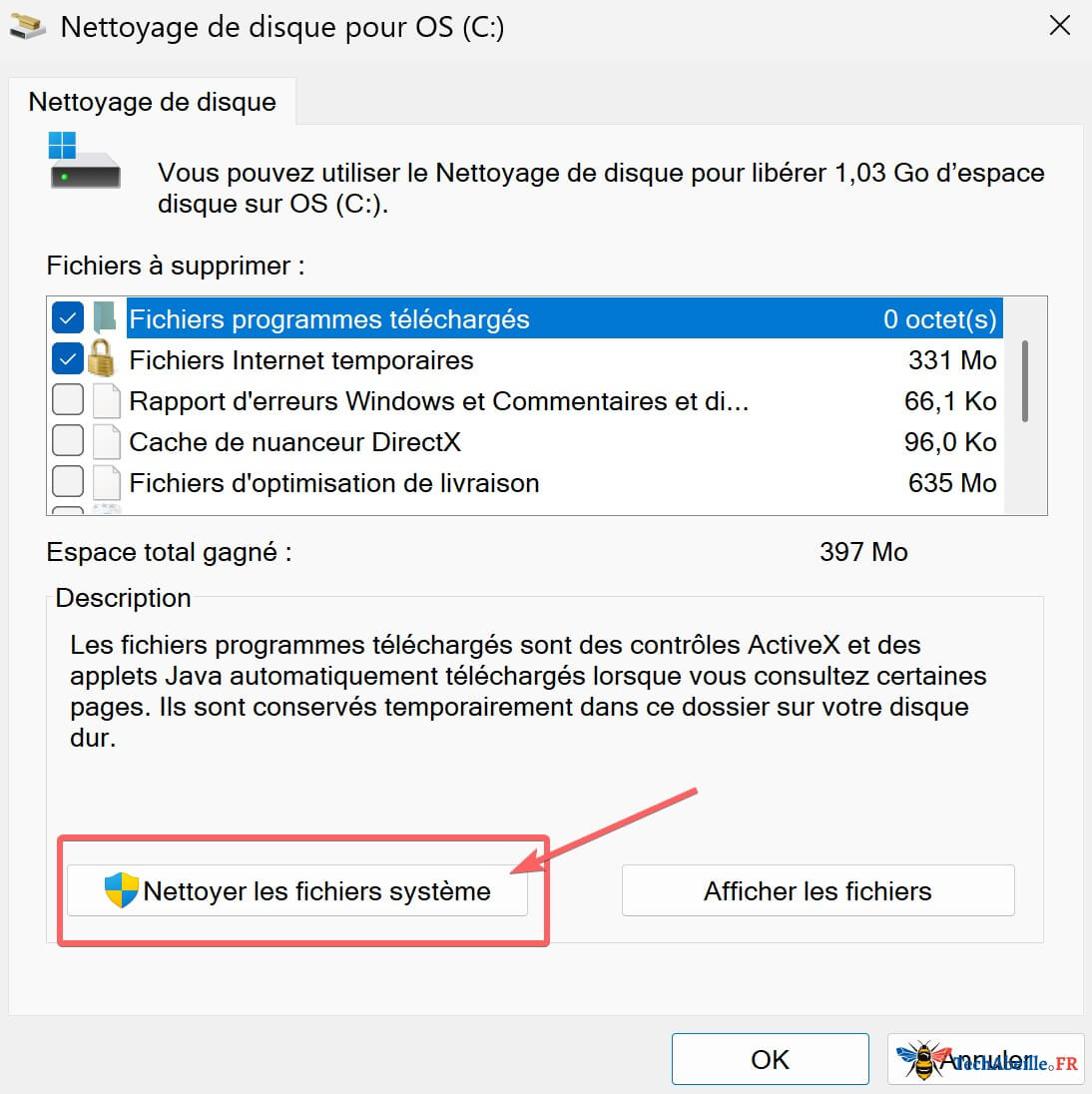 Nettoyage de disque - Bouton Nettoyer les fichiers système