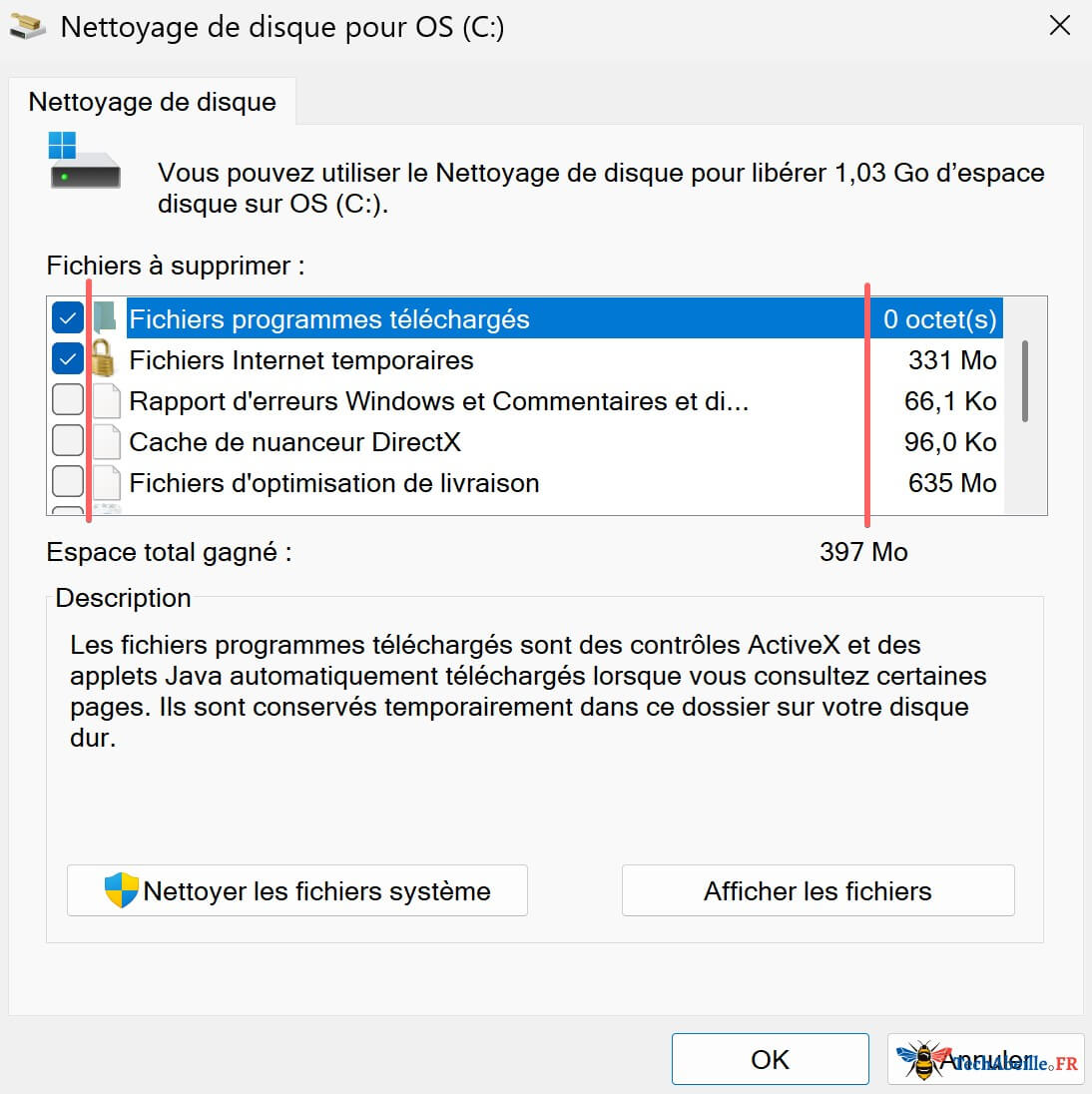 Nettoyage de disque - Liste des éléments à nettoyer - Cases à cocher - Types de fichiers - Espace occupé