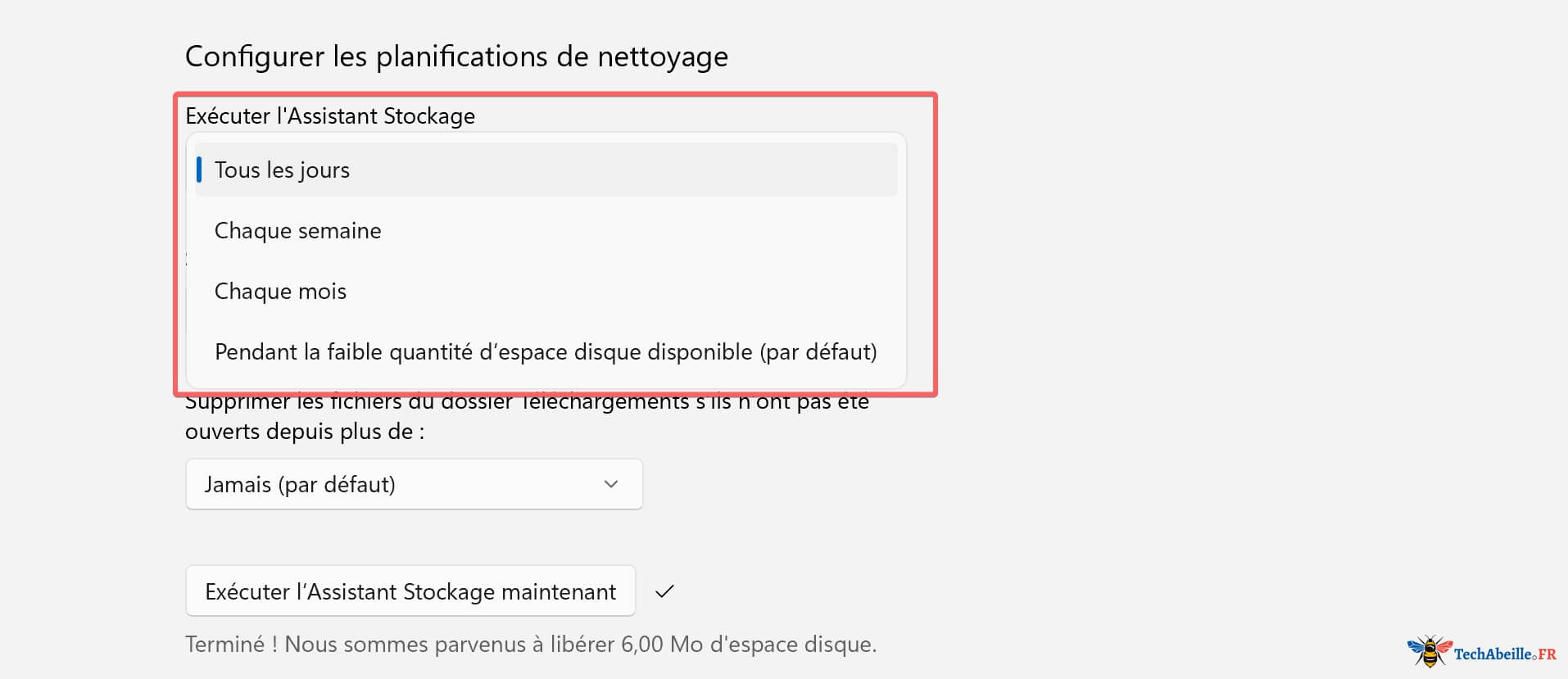 Option Assistant Stockage - Configurer les planifications de nettoyage