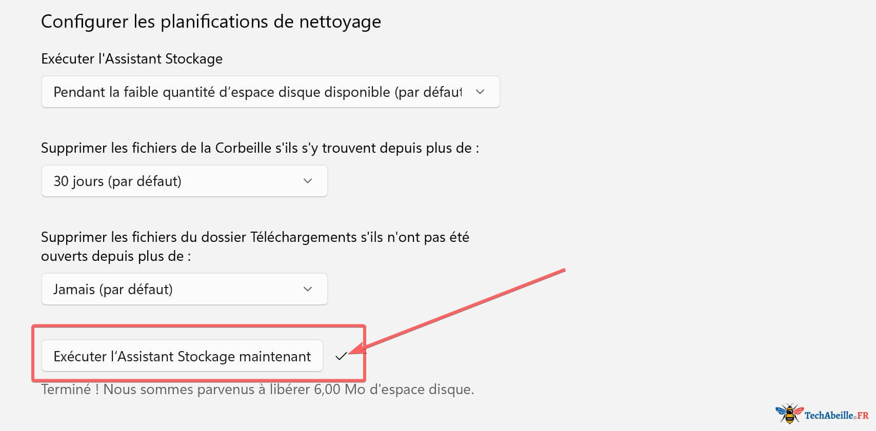 Option Assistant Stockage - Exécuter l'Assistant Stockage maintenant