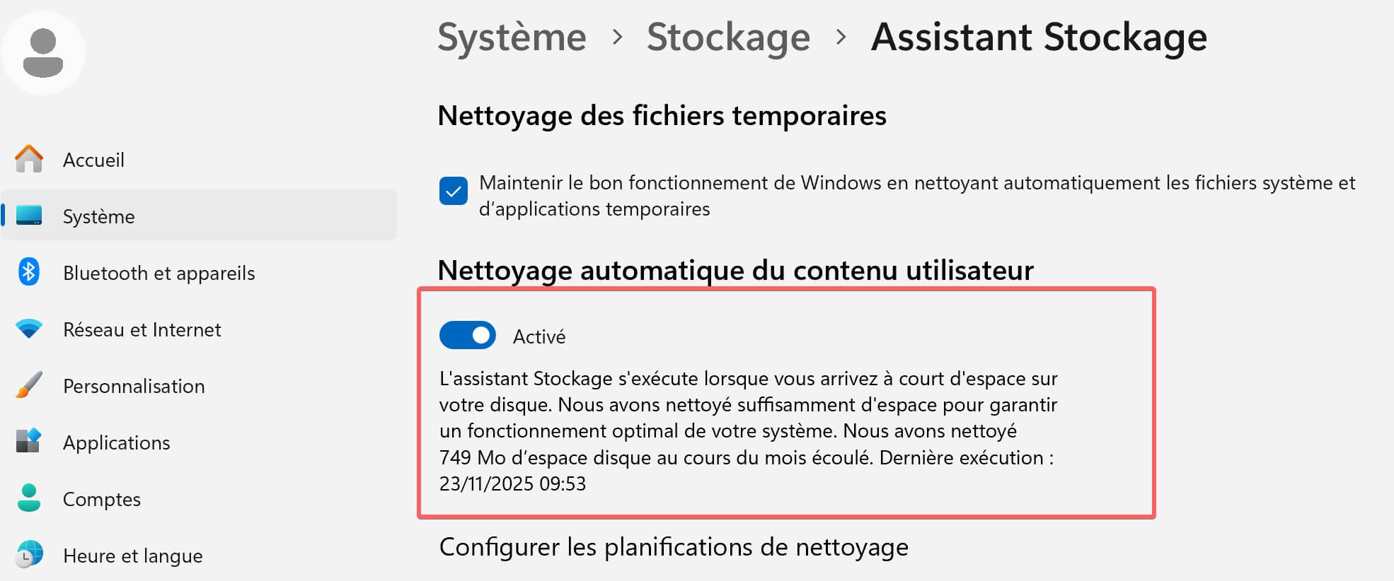 Option Assistant Stockage - Nettoyage automatique du contenu utilisateur