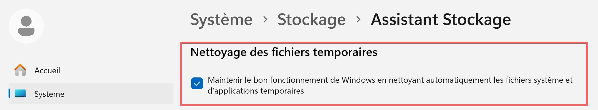 Option Assistant Stockage - Nettoyage des fichiers temporaires
