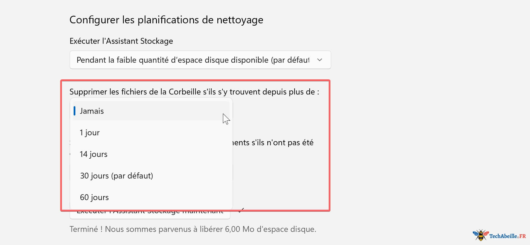 Option Assistant Stockage - Supprimer les fichiers de la Corbeille