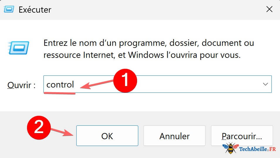 Taper control dans la fenêtre Exécuter pour ouvrir le Panneau de configuration