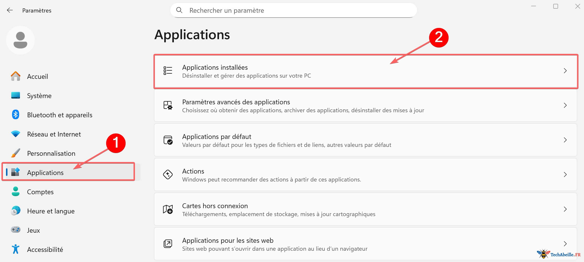 Trouver l'option Applications dans les Paramètres Windows, cliquer sur Applications installées