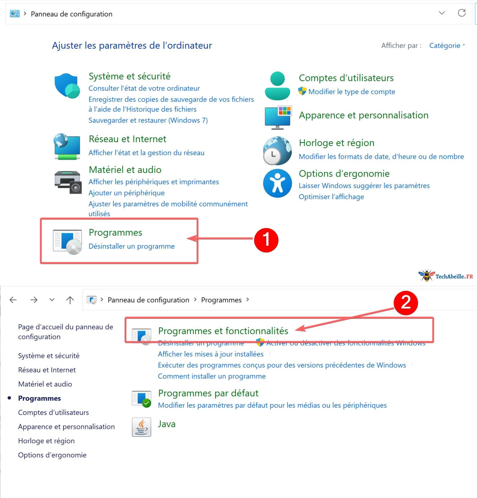 Trouver l'option Programmes et fonctionnalités dans le Panneau de configuration